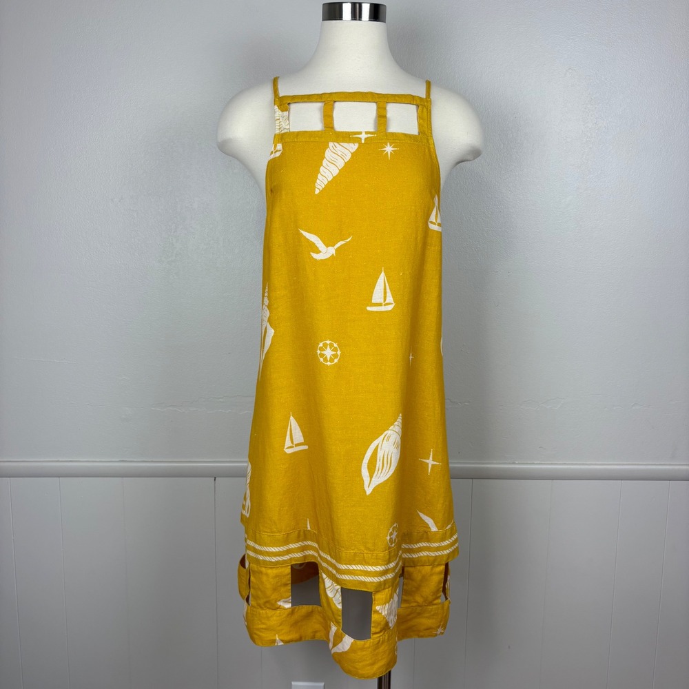 Anthropologie Celandine Mini Dress Size M Maize Cut-outs Linen Blend Square Neck